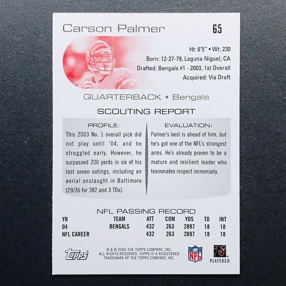 Carson Palmer - 2005 Topps Draft Picks and Prospects #65 - Picture 2 of 2
